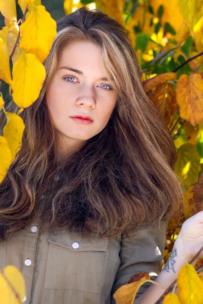 Hermoso modelo con hojas de otoño y otoño amarillo jardín backgr —  Fotos de Stock