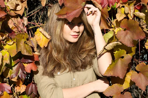 Beautiful model with autumn leaves and fall yellow garden backgr — Stock Photo, Image