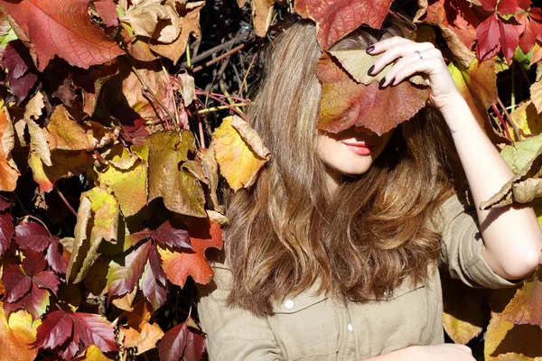 Portrait of beautiful girl in autumn leaves — Stock Photo, Image