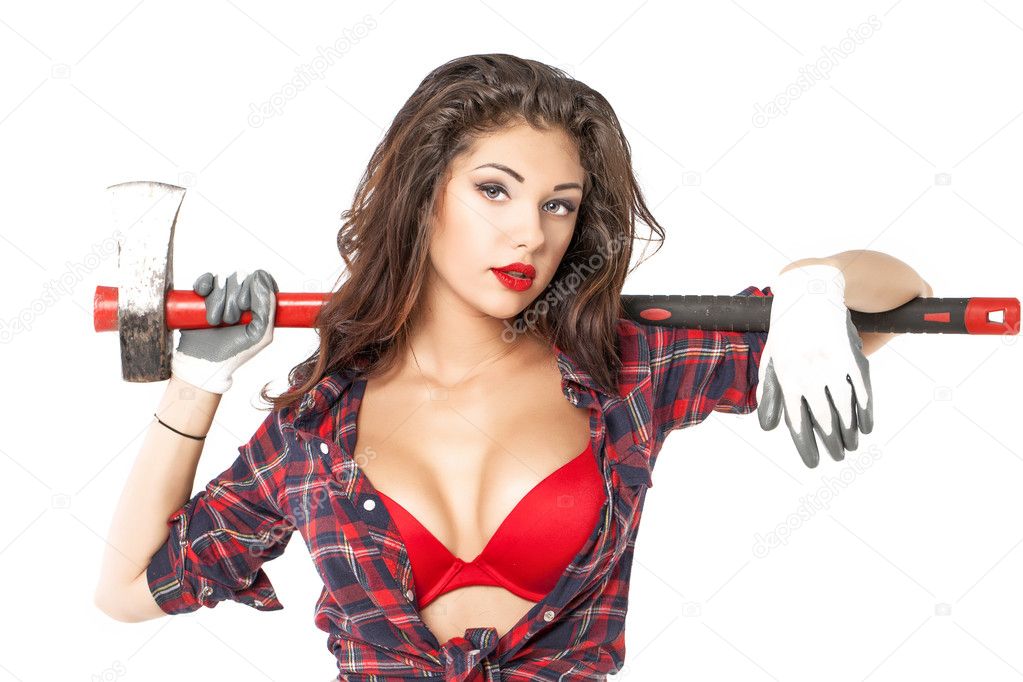 Sexy brunette with an ax in his hand, isolated on white backgrou