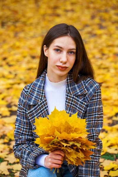 Retrato Una Joven Hermosa Morena Con Pecas Cara —  Fotos de Stock