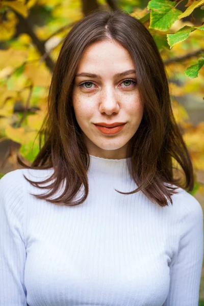 Portret Van Een Jong Mooi Bruinharig Meisje Met Sproeten Haar — Stockfoto