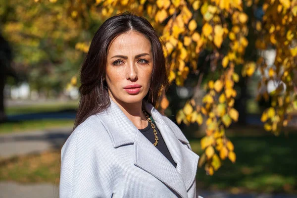 Retrato Mujer Oriental Mediana Edad Parque Otoño —  Fotos de Stock