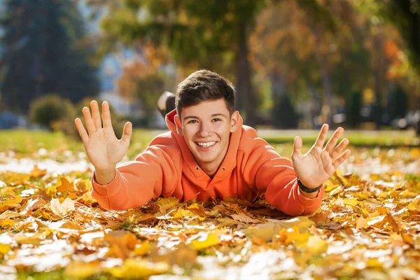 秋の公園で幸せな10代の男の子 — ストック写真