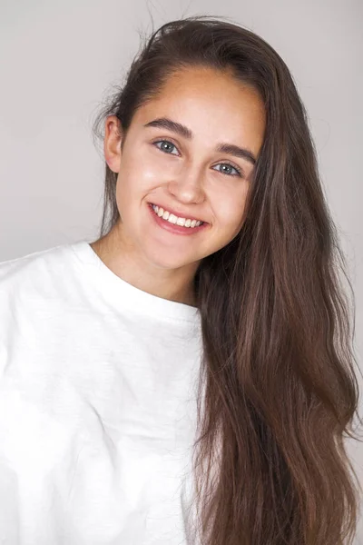 Close Portrait Young Beautiful Happy Brunette Girl Isolated Gray Background — Stock Photo, Image