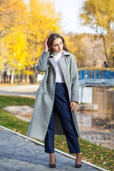 Full Body Portrait Young Beautiful Brunette Girl Gray Coat — Stock Photo, Image