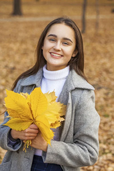 秋季公园里一位年轻貌美的黑发女子的近照 — 图库照片