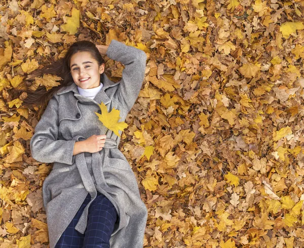 Genç Güzel Bir Kadının Sonbahar Yapraklarında Yatan Portresi — Stok fotoğraf