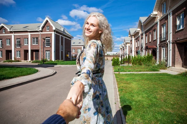 Follow Happy Young Blonde Woman White Flowers Dress — Stock Photo, Image