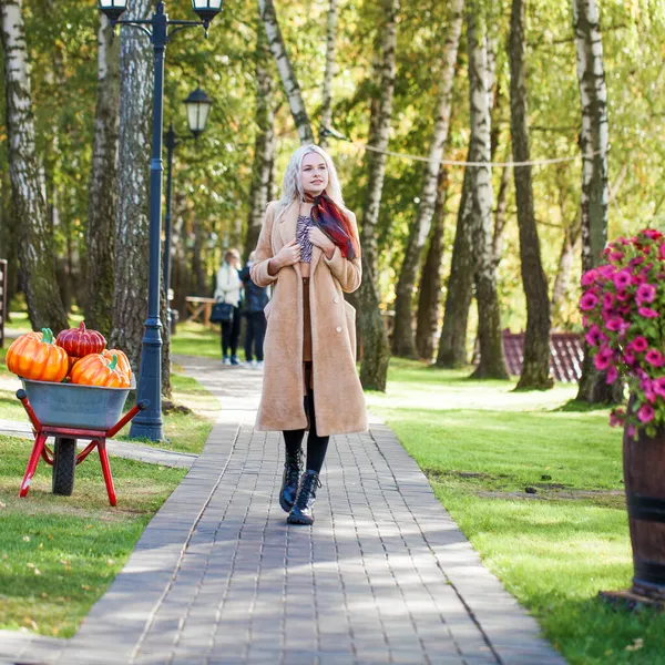 Ung Snygg Blond Flicka Beige Rock Promenader Höstparken — Stockfoto