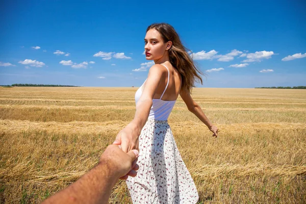 Follow Young Beautiful Blonde Woman Posing Wheat Field — Stock Photo, Image