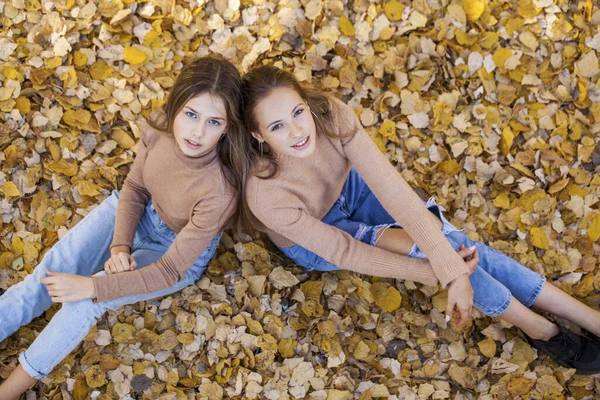 秋の公園で2人の若いスタイリッシュな女の子 — ストック写真