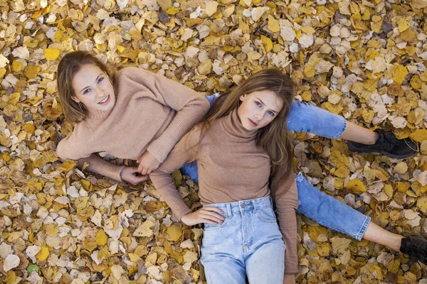 Zwei Junge Stylische Mädchen Herbstpark — Stockfoto