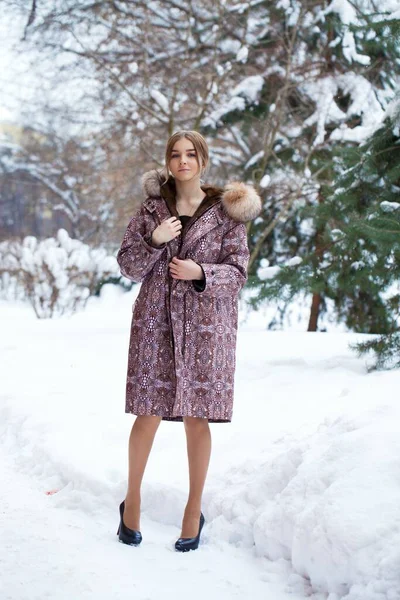 Full Length Portrait Young Beautiful Elegant Brunette Woman Wearing Fur — Stock Photo, Image