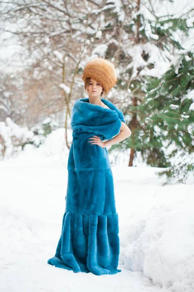 一个穿着华丽的蓝色毛皮外套 头戴狐狸帽的女孩的全长肖像 背景是冬季公园 — 图库照片