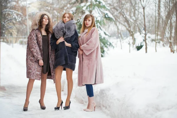 Three Fashion Models Fur Coat Full Length Portrait Young Beautiful — Stock Photo, Image