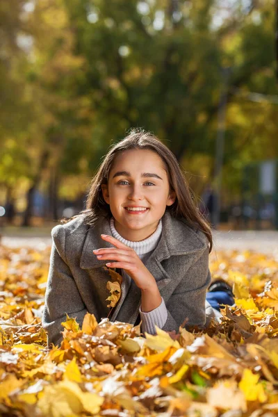 Őszi Park Egy Fiatal Gyönyörű Lány Portréja — Stock Fotó