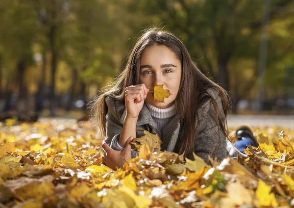 Güz Parkında Genç Güzel Bir Esmer Kadının Portresi — Stok fotoğraf