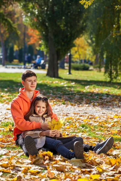 Feliz Hermano Adolescente Hermana Parque Otoño —  Fotos de Stock