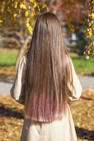 Arrière Vue Brunette Modèle Cheveux Parc Automne Extérieur — Photo
