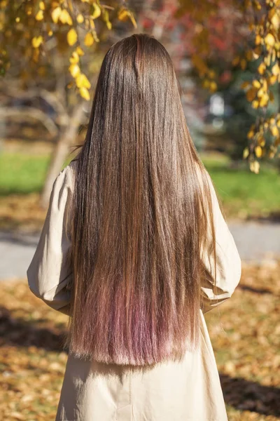 Rückseite Brünettes Haarmodell Herbst Park Freien — Stockfoto