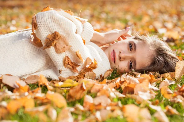 Genç Güzel Kız Sonbahar Parkında Yatıyor — Stok fotoğraf