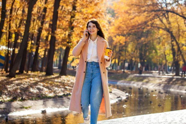 Νεαρή Όμορφη Επιχειρηματίας Κάνει Ένα Κινητό Τηλέφωνο Στο Πάρκο Φθινόπωρο — Φωτογραφία Αρχείου