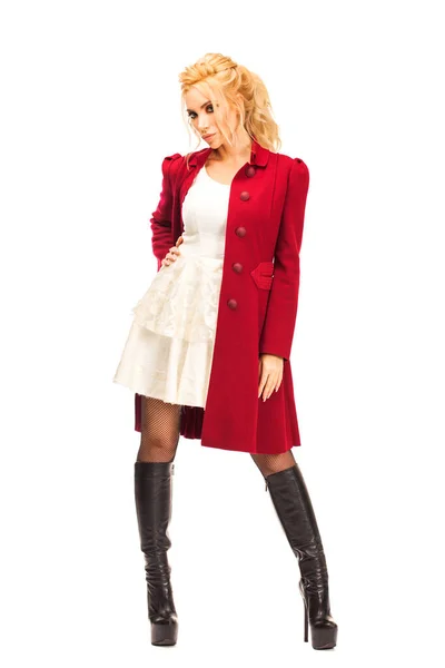 Joven Hermosa Mujer Rubia Con Abrigo Rojo Aislada Sobre Fondo — Foto de Stock