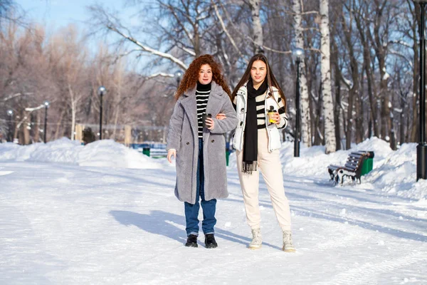 两个年轻快乐的女朋友正在冬天的公园里散步 — 图库照片