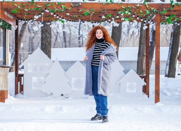 Full Längd Porträtt Ung Vacker Flicka Poserar Vinter Park — Stockfoto