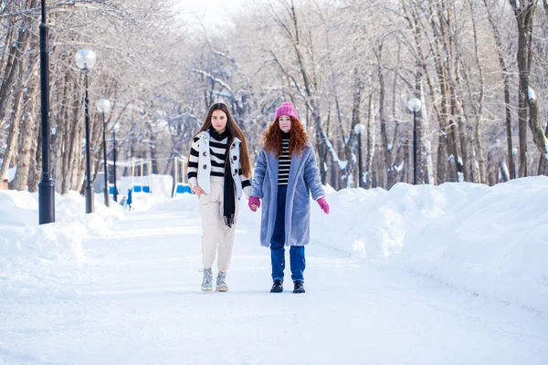 Twee Jonge Vrolijke Vriendinnen Wandelen Het Winterpark — Stockfoto