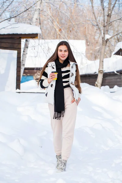 Pełna Długość Portret Młodej Pięknej Dziewczyny Pozowanie Parku Zimowym — Zdjęcie stockowe