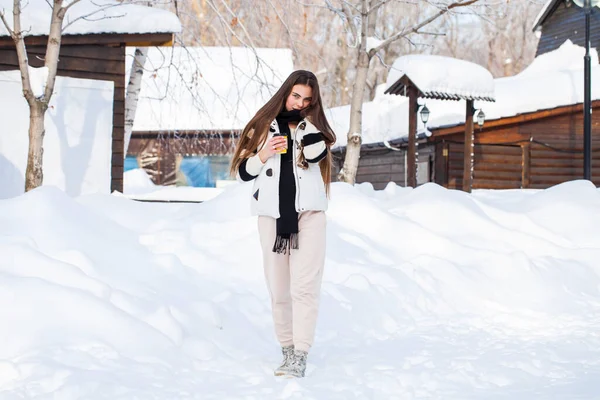 Full Längd Porträtt Ung Vacker Flicka Poserar Vinter Park — Stockfoto