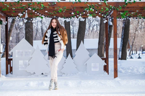 Портрет Молодой Красивой Девушки Позирующей Зимнем Парке — стоковое фото