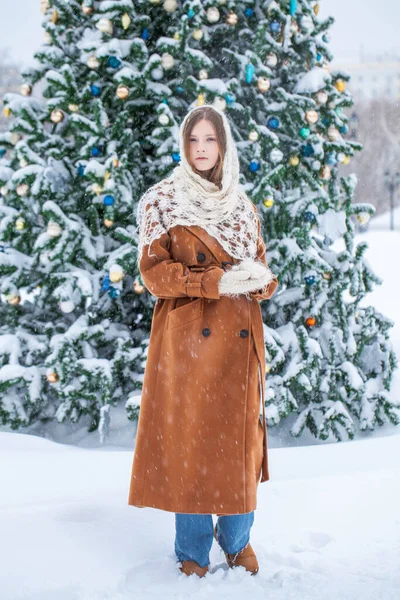 Winter Portret Van Een Jong Mooi Tiener Meisje — Stockfoto