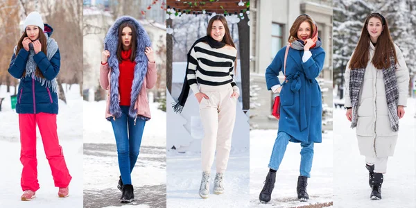 Collage Winter Fashion Retrato Cuerpo Completo Una Joven Hermosa Mujer — Foto de Stock
