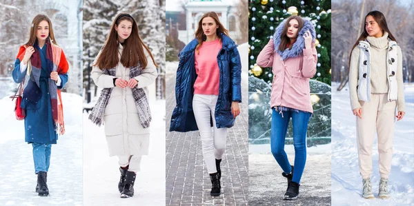 Colagem Moda Inverno Retrato Corpo Inteiro Uma Jovem Bela Mulher — Fotografia de Stock