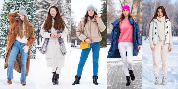 Collage Moda Inverno Ritratto Completo Una Giovane Bella Donna — Foto Stock