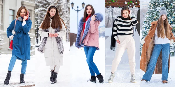 Collage Winter Fashion Helkroppsporträtt Ung Vacker Kvinna — Stockfoto