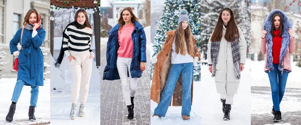 Collage Winter Fashion Helkroppsporträtt Ung Vacker Kvinna — Stockfoto