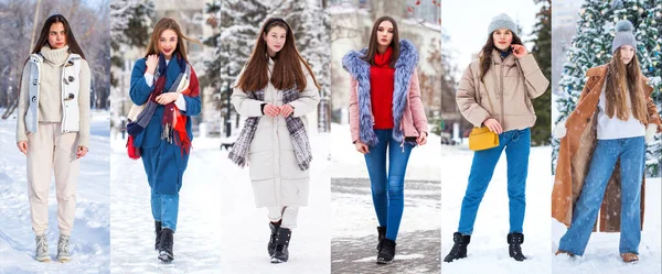 Collage Winter Fashion Full Body Portrait Young Beautiful Women — Stock Photo, Image