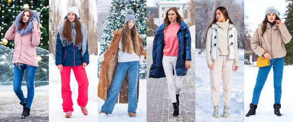 Colagem Moda Inverno Retrato Corpo Inteiro Uma Jovem Bela Mulher — Fotografia de Stock