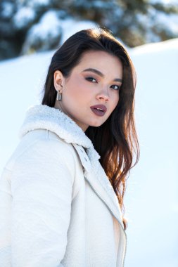 Kış parkında genç ve güzel bir esmer kadının portresi.