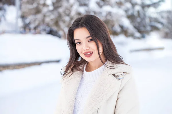 Retrato Cerca Una Joven Morena Hermosa Parque Invierno — Foto de Stock