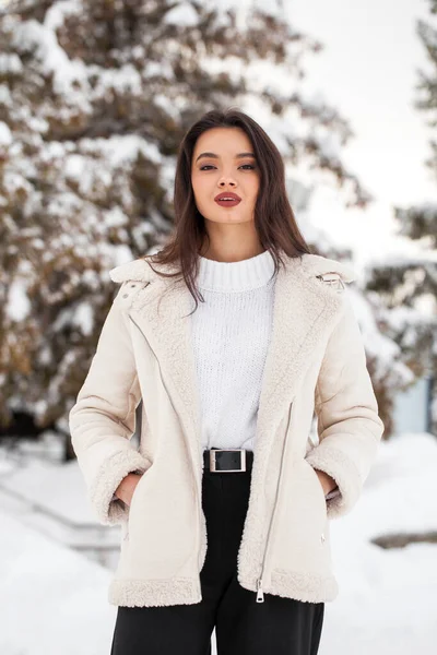 Retrato Cerca Una Joven Morena Hermosa Parque Invierno — Foto de Stock