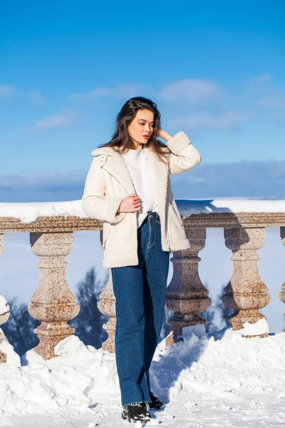 Portrait Une Jeune Belle Femme Brune Dans Parc Hiver — Photo