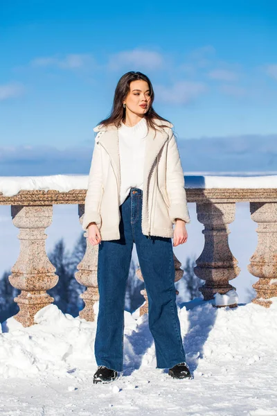 Portrait Une Jeune Belle Femme Brune Dans Parc Hiver — Photo