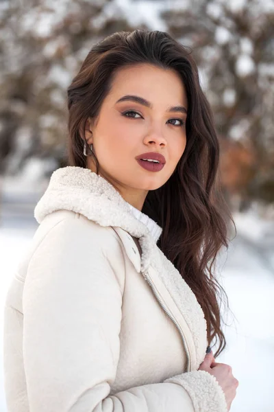 Kış Parkında Genç Güzel Bir Esmer Kadının Portresi — Stok fotoğraf