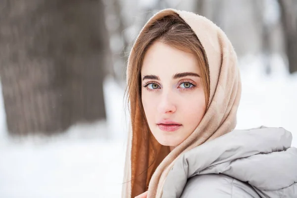 Primer Plano Retrato Una Joven Mujer Hermosa Posando Parque Invierno —  Fotos de Stock