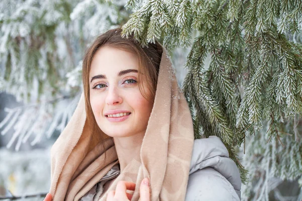 Portret Van Jonge Mooie Vrouw Winter Forest Rechtenvrije Stockfoto's